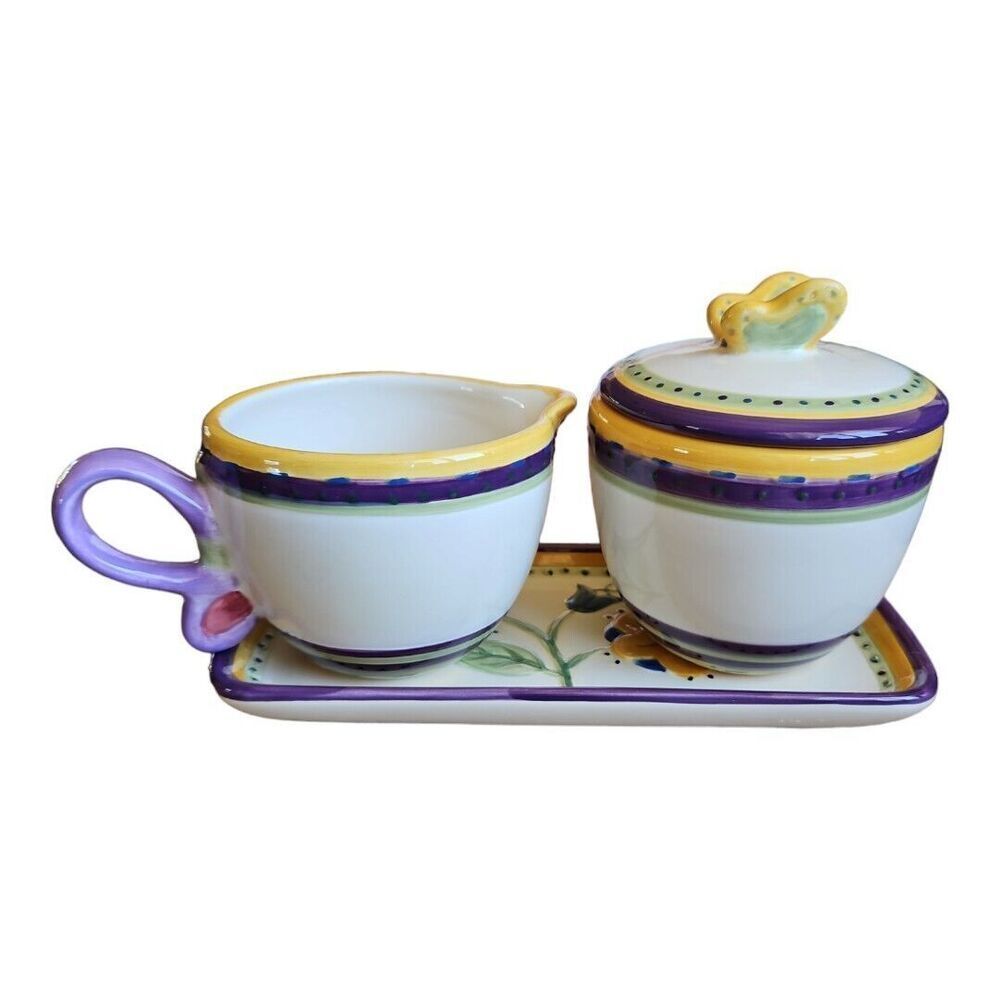 Tabletops Gallery Purple Butterfly Holland Flower Cream & Sugar Set